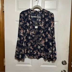 Lucky Brand Women's Size Large Floral Boho Peasant Shirt‎ Top Long Sleeve Blouse
